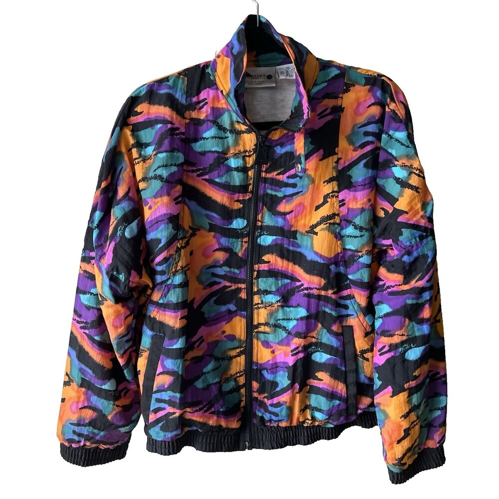 Colorful Abstract Retro Windbreaker Full Zip Jacket Pockets Women's S Vintage